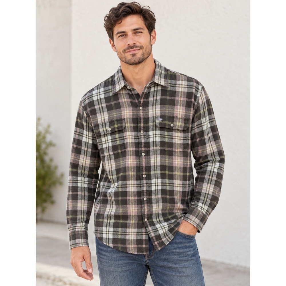 Timberland Flannel Shirt Mens Medium Brown Olive Plaid Long Sleeve Button Down